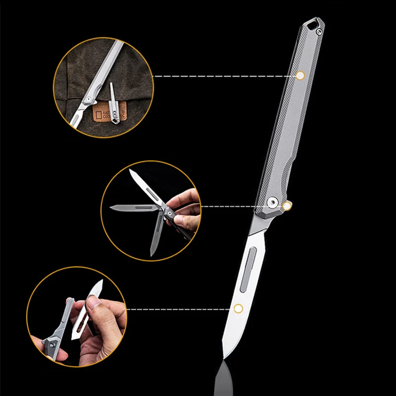 Titanium Alloy Fast Open Folding Knife Medical EDC Outdoor Unpacking Pocket Utility Knife 10PCS NO.60 Replaceable Blades