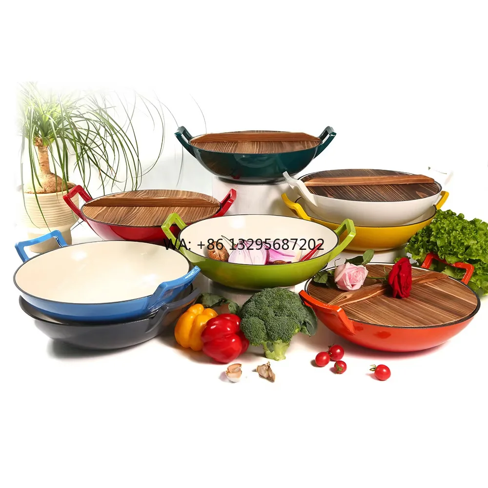 

Home Kitchen Custom Multicolor 36cm Non-stick Enameled Cast Iron Wok Pan with Wood Lid