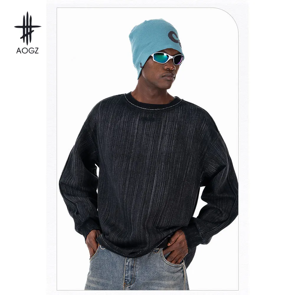 AOGZ American Vintage Distressed Washed Sweatshirt Men Women Loose High Street Long Sleeved Pullover Hip Hop Streetwear Tops