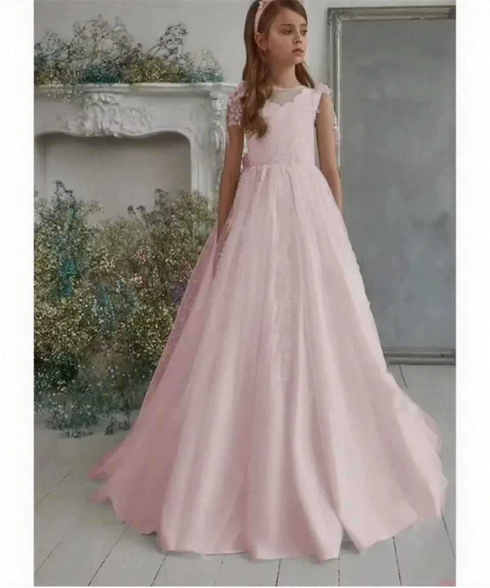 Elegante flor menina vestido de casamento apliques pérolas arco sem mangas cetim boho princesa crianças festa aniversário primeira comunhão vestido