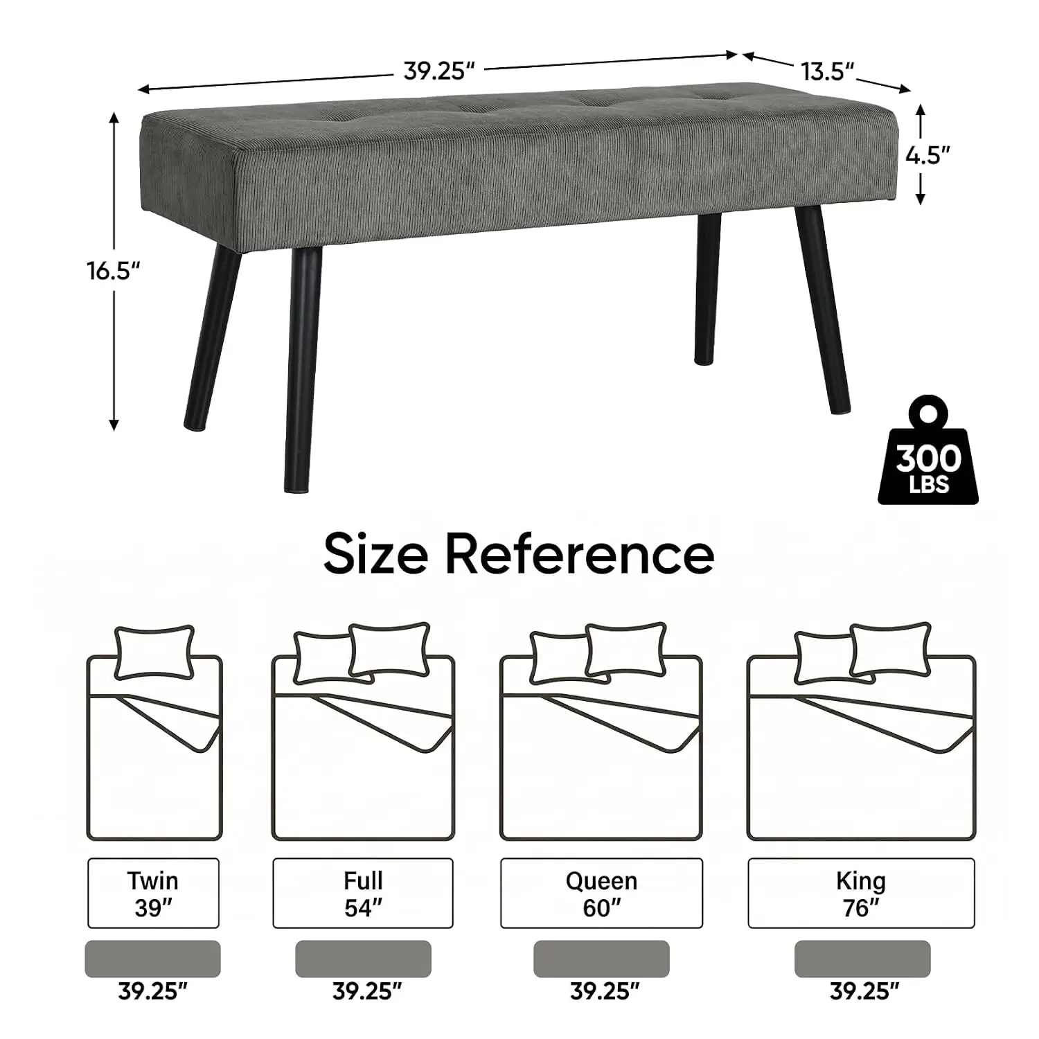 Entryway Bench - Grey Bench for Bedroom, Modern Ottoman End of Bed, Corduroy Padded Benches for Living Room, Foyer, Mudroom