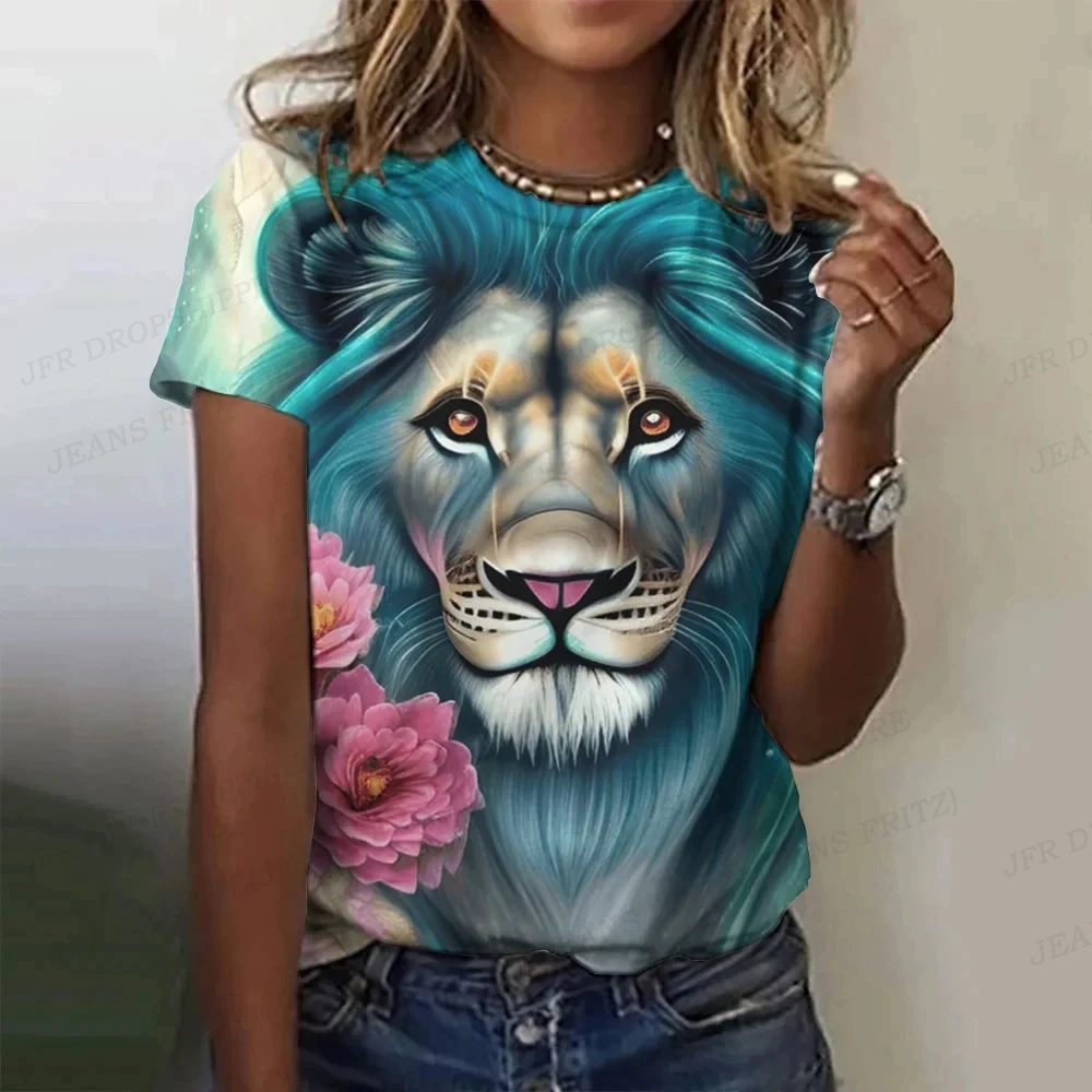 Vintage Women T-shirts 3d Tiger Print Crew Neck T-shirt Ladies Tops Women\'s Clothing Oversized Animal T Shirt Floral Tshirt Girl