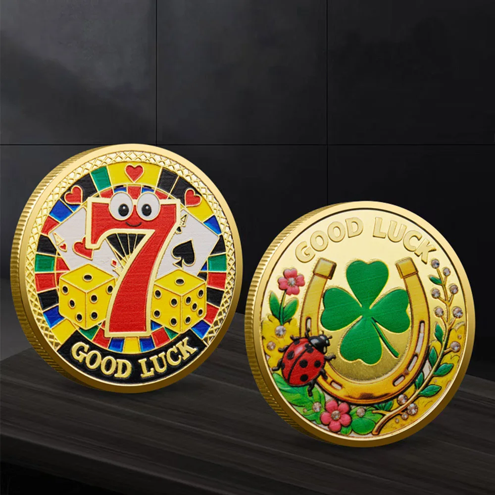 1pc Four-leaf Clover Good Luck Commemorative Coin Ladybug Lucky 7 Souvenir Challenge Coin Wishing Coin Gifts for Friends