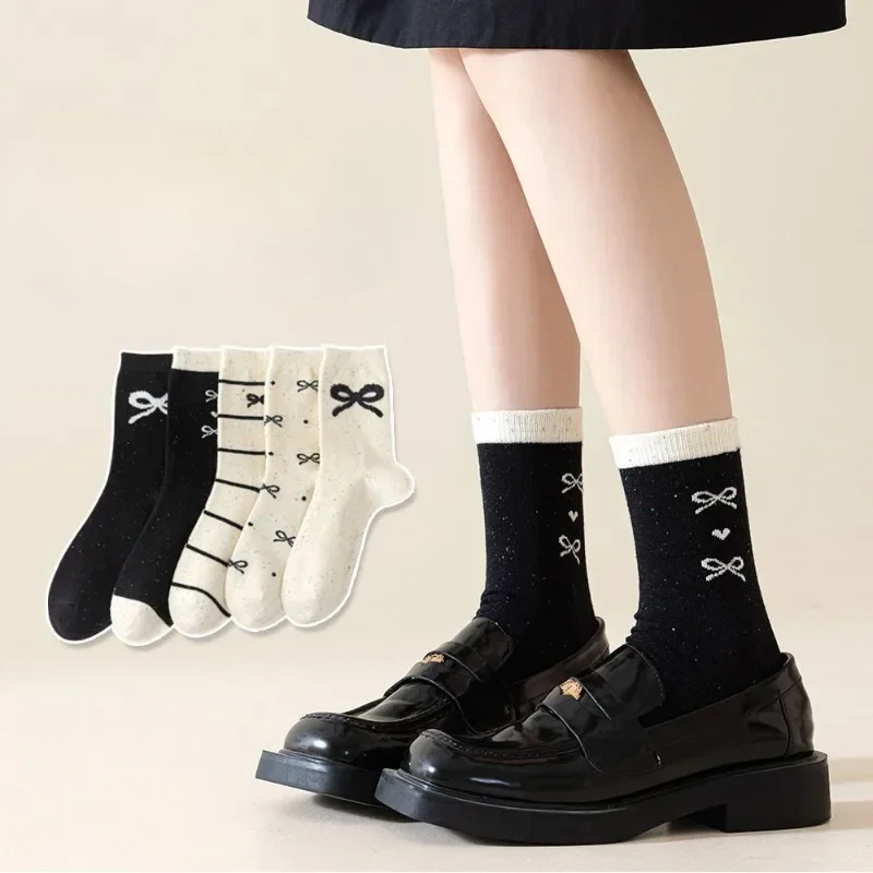 Women's Dotted Yarn Bow Striped Mid-calf Socks Cotton Soft and Skin-friendly College Style JK Lovely Sweat-absorbing Ankle Socks