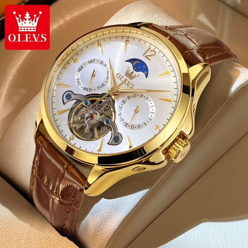 OLEVS Men\'s Watches Luxury Tourbillon Automatic Mechanincal Male Wristwatch Waterproof Leather Strap Moon Phase Luminous Date