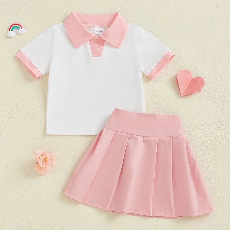 Adorable Baby Girls 2-Piece Summer Set with Short Sleeve Collared Top and Pleated Skirt - Cute Toddler Outfit for Warm Weather