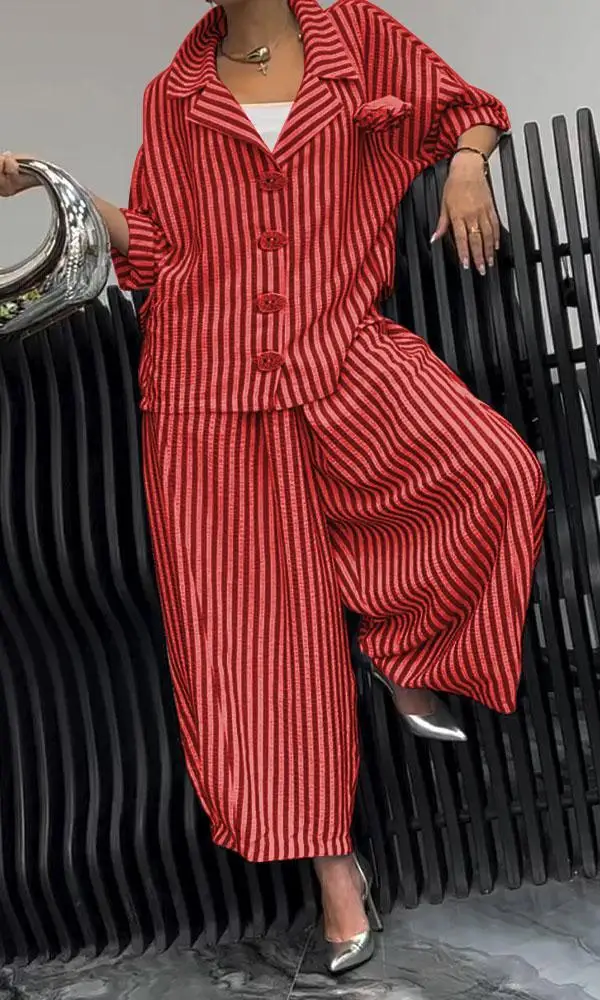 Autumn New Commuter Fashion Women\'s Suit Long Striped Printed Lapel Shirt Single-breasted Wide-leg Loose Trousers Casual Suit