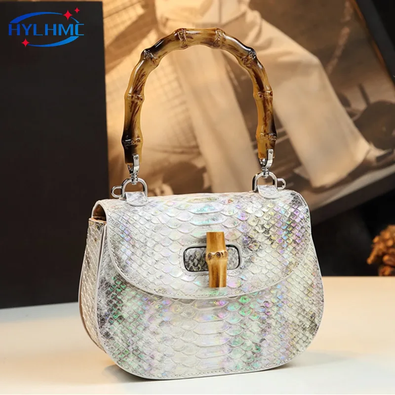 

Serpentine Leather Women's Handbags Bamboo Saddle Bag Luxury Fashion Ladies Small Single Shoulder Messenger Bag 2024 New