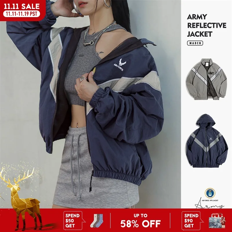 

Maden Women's Retro Coat Women's Clothing Autumn and Winter Reflective Bomber Jacket Quick-Drying Sports Training Wear Top