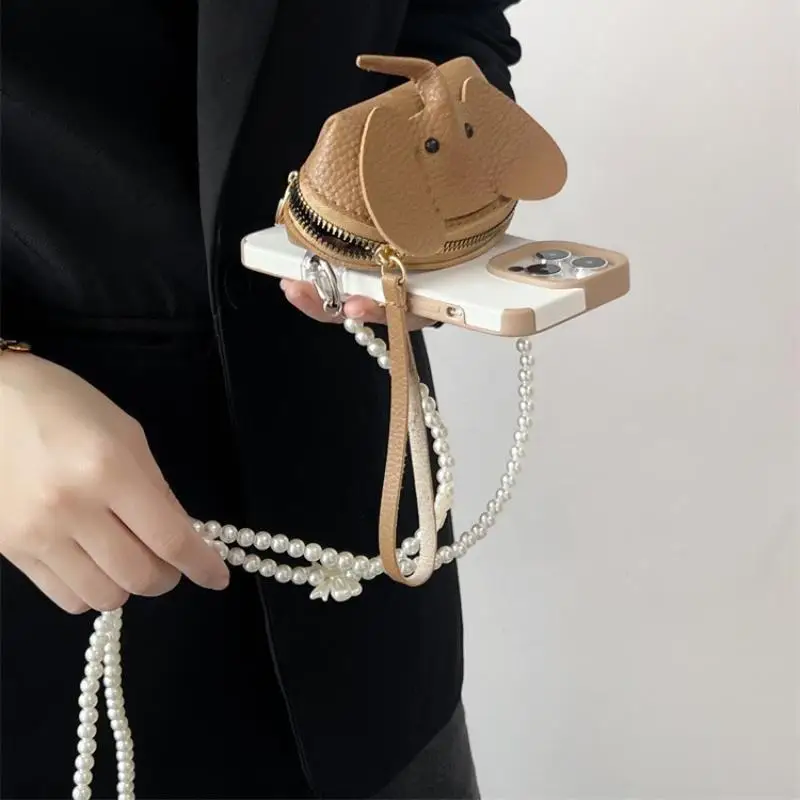 

1Pcs Anti Drop Hanging Chain Cute Leather Elephant Zero Wallet Phone Back Clip Hanging Neck Rope Crossbody Pearl Bow Chain