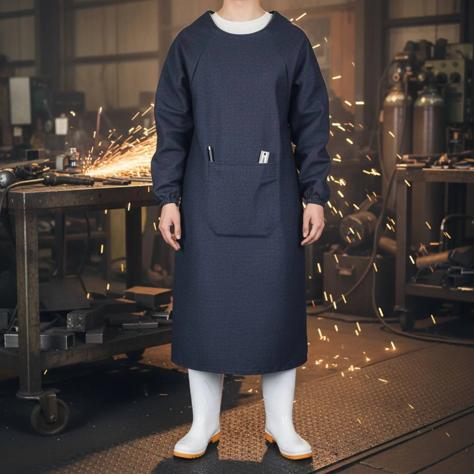 

Long Sleeve Cotton Twill Apron Long-Lasting Cotton Twill Work Gown Workwear Dustproof Safety Smock Rear Tie Design