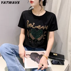 2024 New Summer European Short-Sleeved T-Shirts Women Chic Luxury Heart-Shaped Hot Diamonds Tees Fashion Sexy Casual Tops Blouse