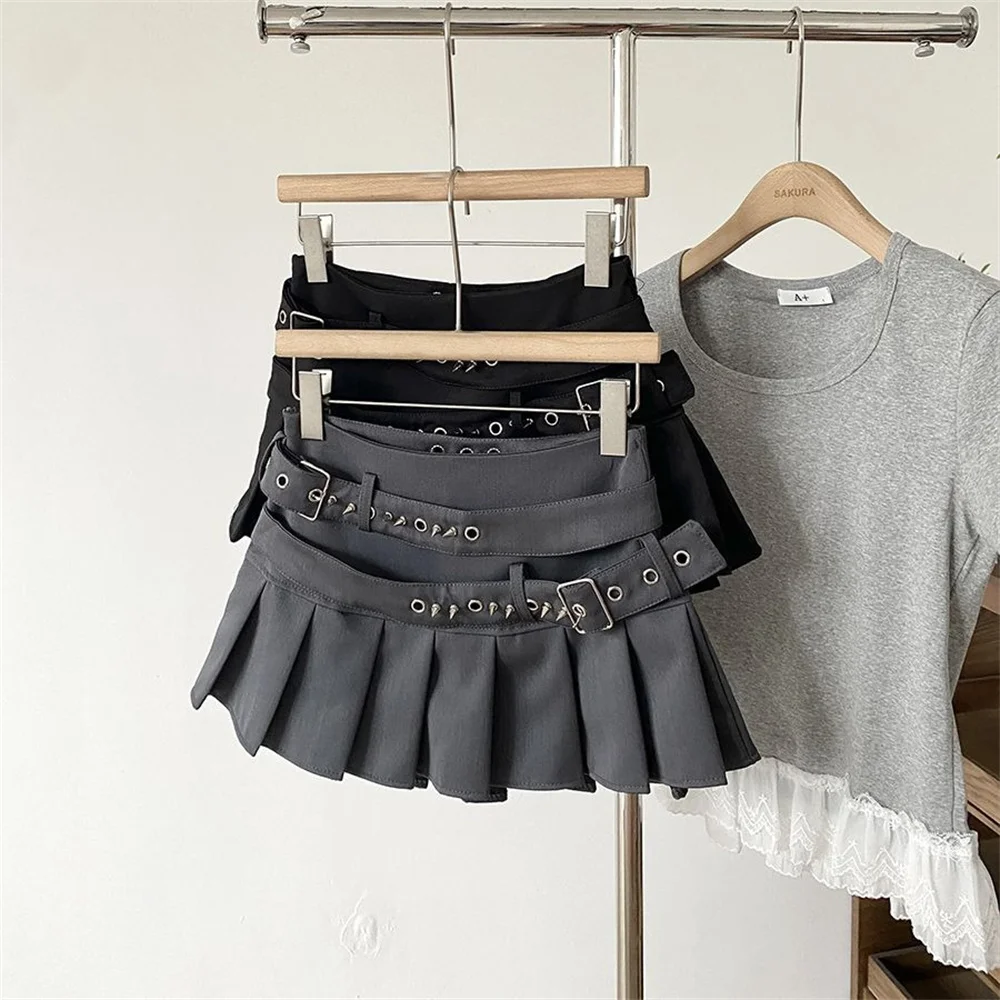 

Hot Girl Fashion Punk Mini Pleated A Line Skirt Solid Grey Black Kawaii Preppy Style Summer Skater Japanese Grunge Student Skirt