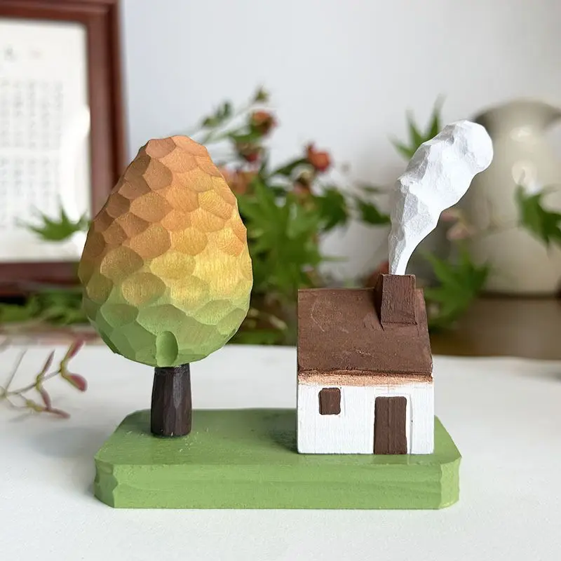 

Handmade Wooden House Sculpture - Artisan Carved Cottage Desk Decor, Rustic Farmhouse Figurine, Calming Gift for Home Office