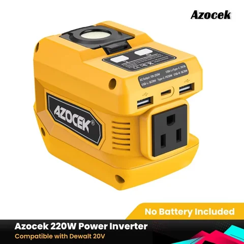 Azocek 220W Portable Power Inverter for Dewalt 20V Battery, DC 20V to AC 110V, with 4 Output & 400LM Light, Inverter for Car