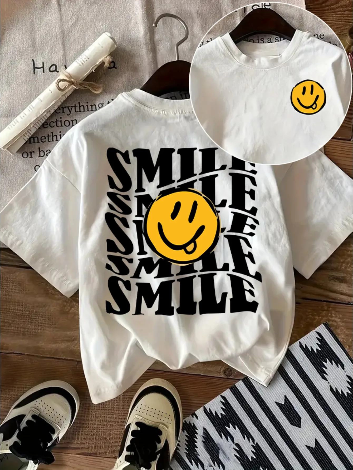 Women's Casual Short Sleeve Crew Neck T-Shirt Joyful Face 