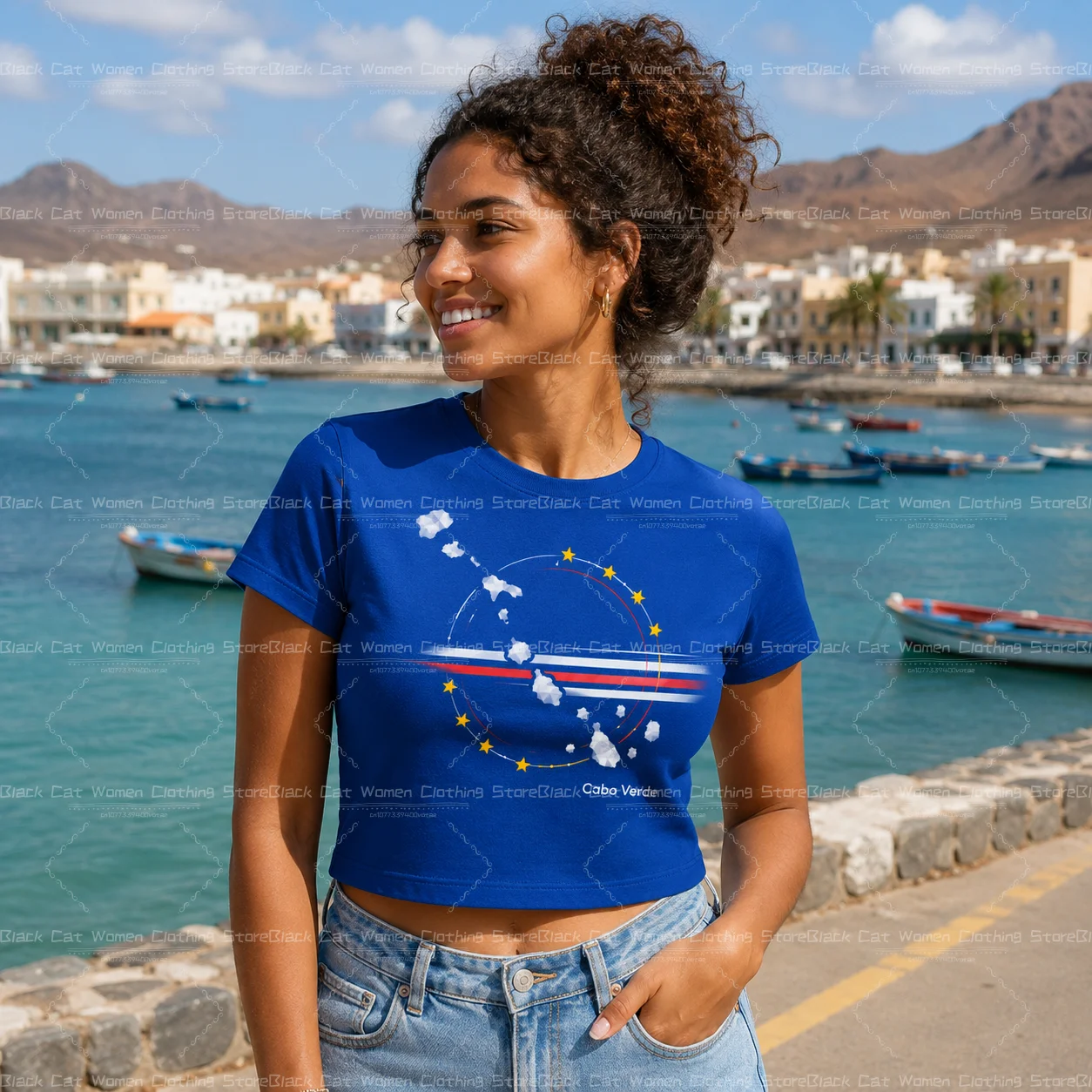 Women's Summer Trendy Short Sleeve T-Shirt Cabo Verde Print Short Cut Jersey Umbilical Leakage Color Contrasting Top for Wear