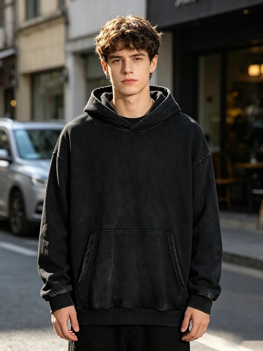 Herren-Hoodie mit Flügel- und Kreuz-Print, gewaschen, lockerer Schnitt, 100 % Baumwolle, Distressed-Sweatshirt, Street-Style, Herbst-Winter, Commuter-Oberteil – Detail 2
