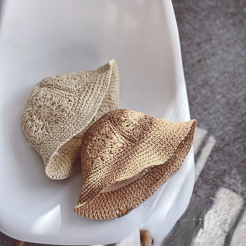Korean style children straw hat summer girls baby outing sun hat retro pattern sunscreen straw basin hat infant Fisherman