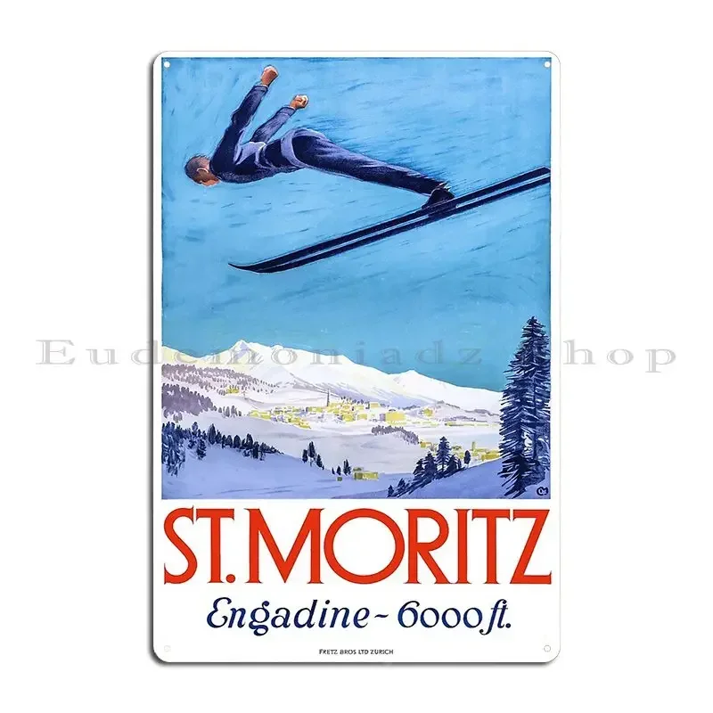 1928 St Moritz Ski Jumper Switzerland Travel Poster Metal Sign Club Bar Wall Plaque Painting St Moritz Ski Tin Sign Poster