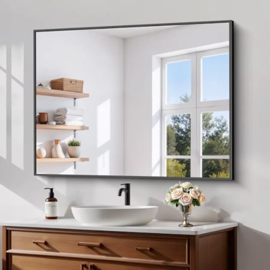 

Bathroom mirror with black matte aluminum alloy frame, shatterproof tempered glass, 30x40, HD no distortion, horizontal/vertica