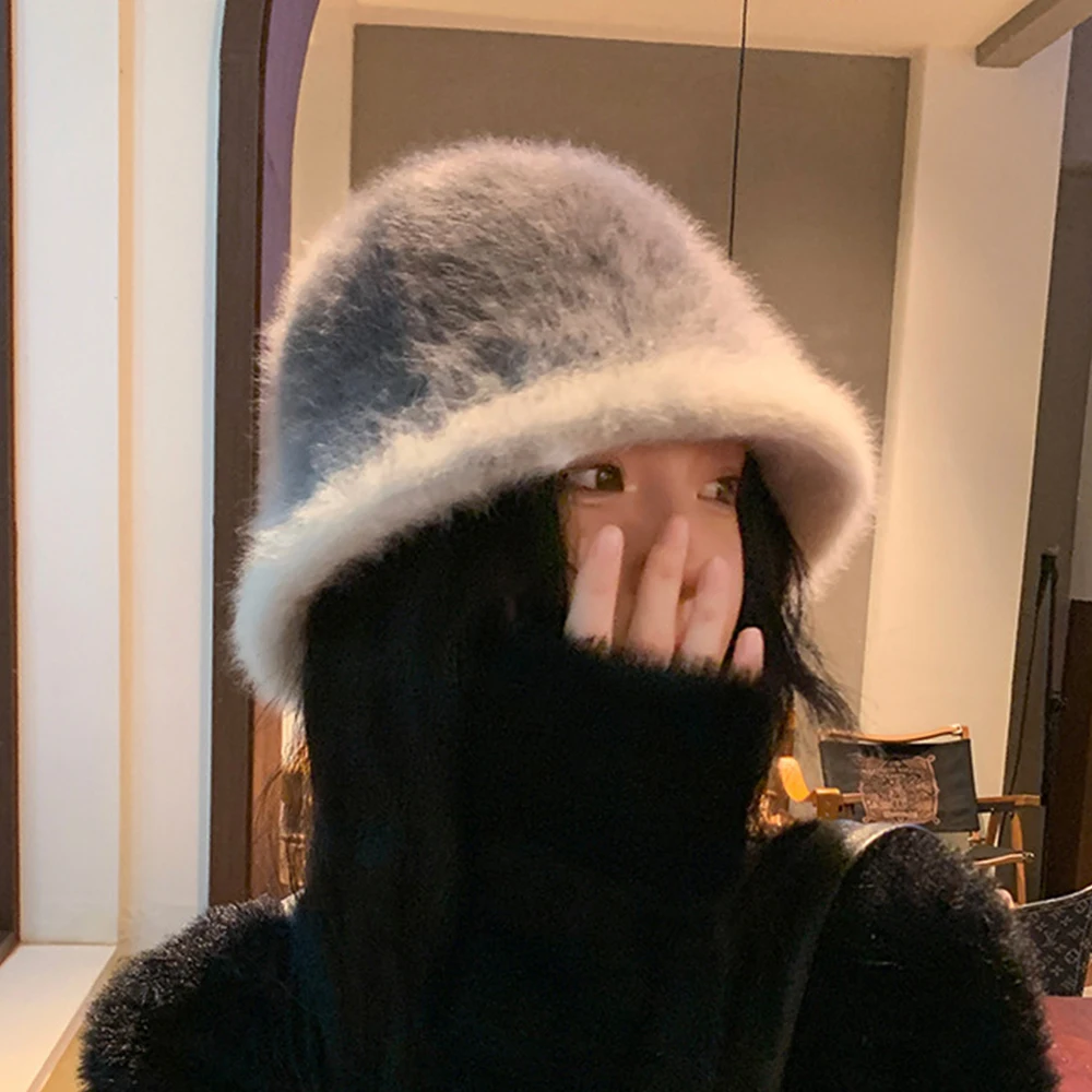 New Fashion Rabbit Bucket Hat Gradual Change of Color Rabbit Hair Fisherman Cap Soft Warm Turban Cap Outdoor