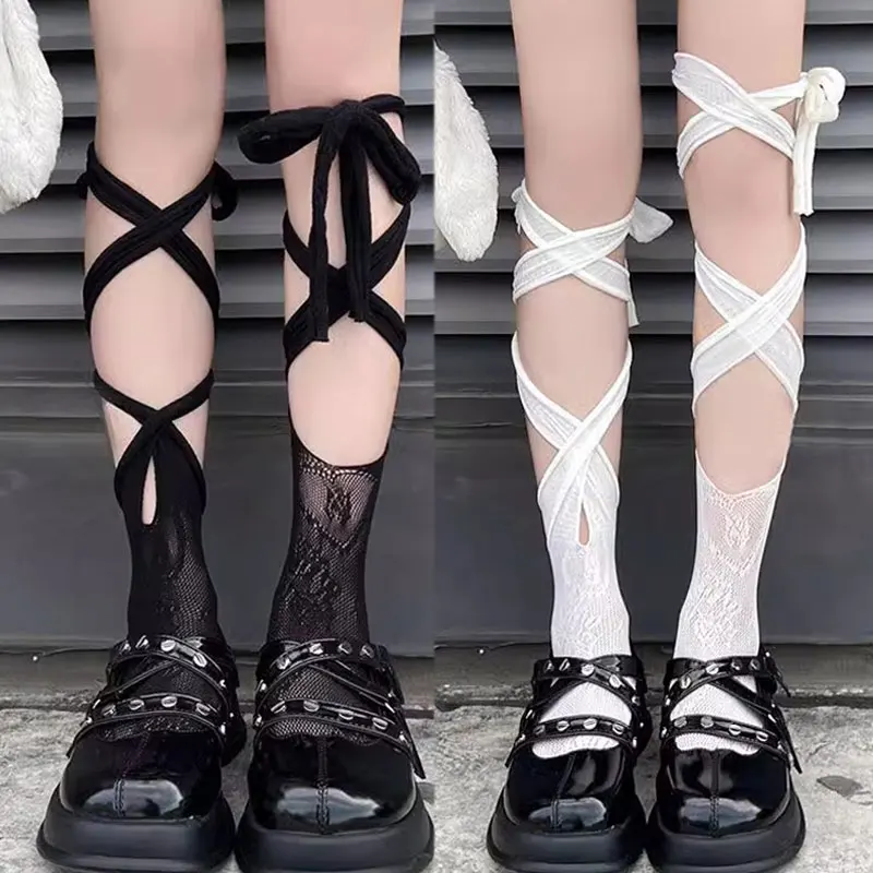 Sexy Women Stockings Bandage Cross Ribbon Knee Lolita Lace Socks Irregular Split-toe Jk Middle Tube Sock Fishnet Pantyhose