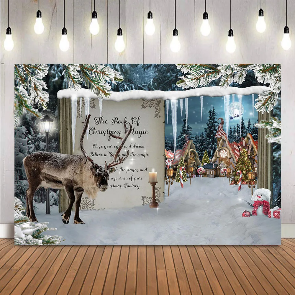 The Book Of Christmas Magic Backdrop for Photography North Pole Photo Booth Background Deer White Snow Scene Banner Kid Portrait