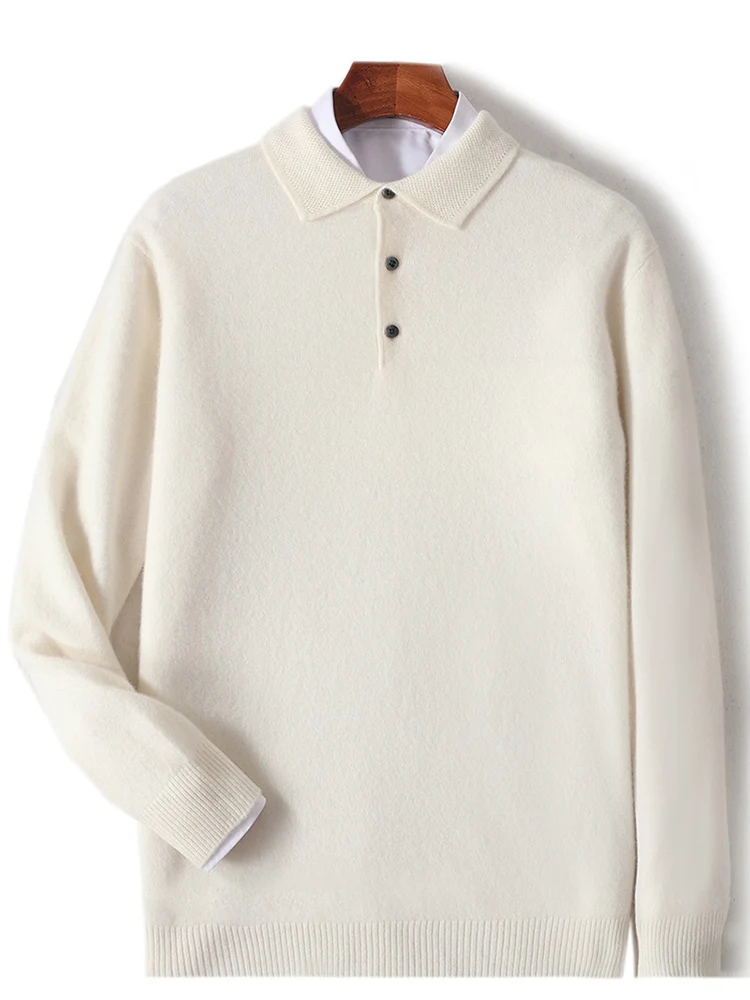 Merino 100% Wool Men's Shirt Collar Casual Fashion Base Pullover Autumn Winter Warm Long Sleeved Knitted Sweater