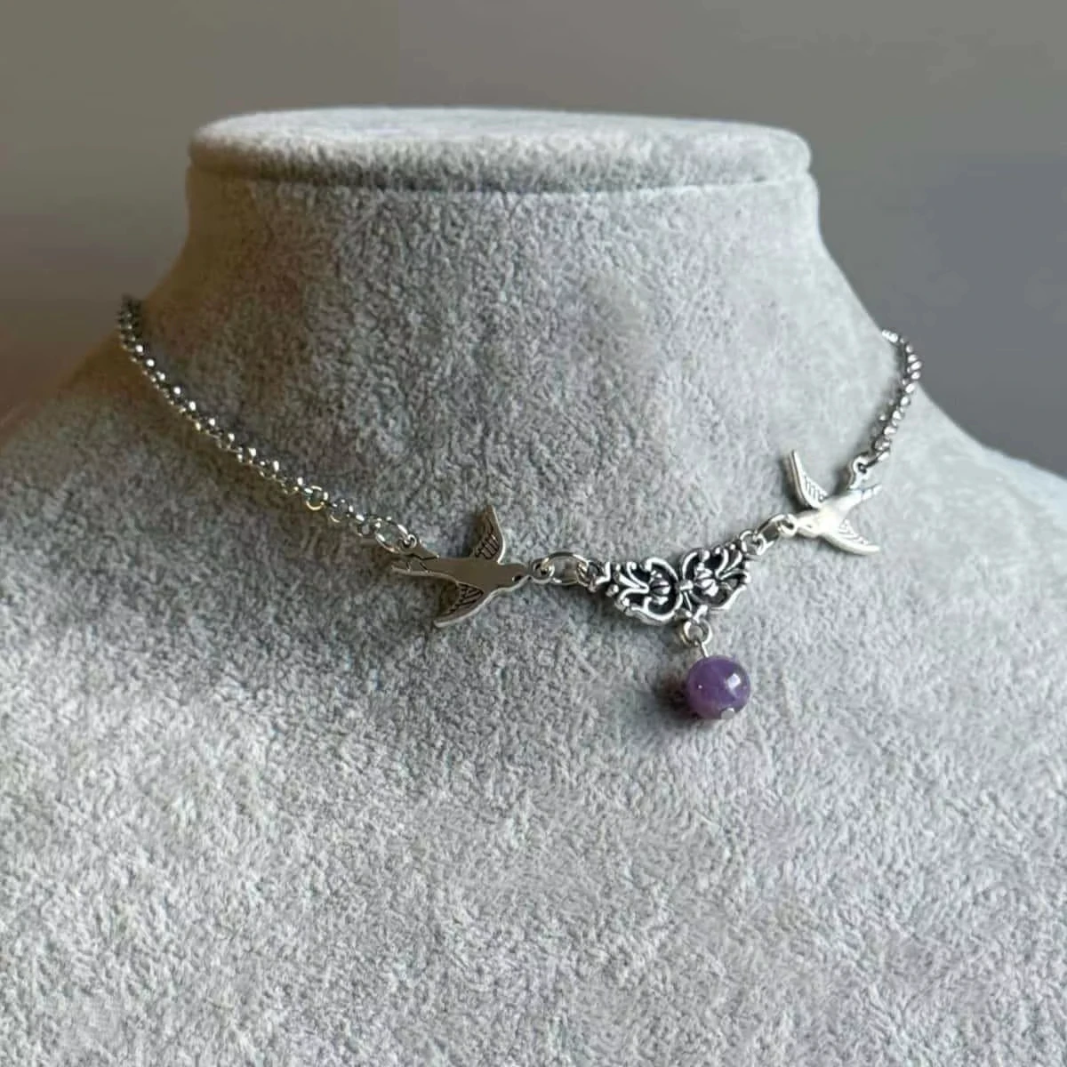 New Trendy Retro Bird Necklace, Engraved, Purple Stones, Victoria, Animal, Love, Hollow, Mystical, Magical, Choker for Women Man