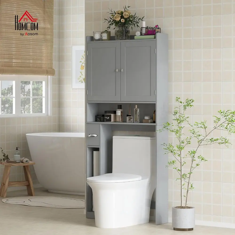 Over the Toilet Storage Cabinet, 2 Do, Toilet Paper Holder, Gray | ern Above Toilet Bathroom Organizer, Storage Shelves, reestan