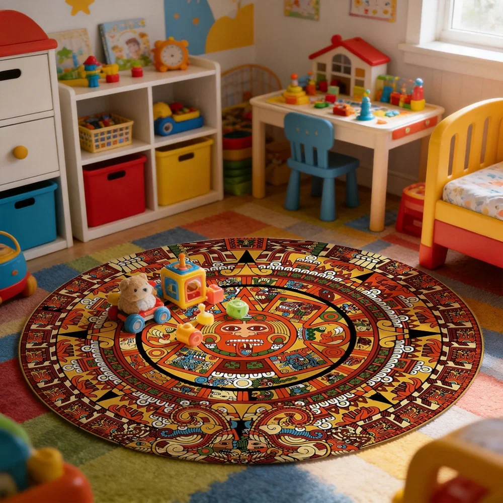 Vibrant Bohemian Tribal Pattern Area Rug Moroccan Style Round Floor Mat for Boho Living Room Decor