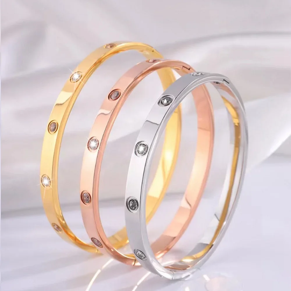 Stainless Steel Love Bangle 18K Gold Plated CZ Crystal Inlaid Bracelet Classic Stackable Wrist Jewelry Gift for Women