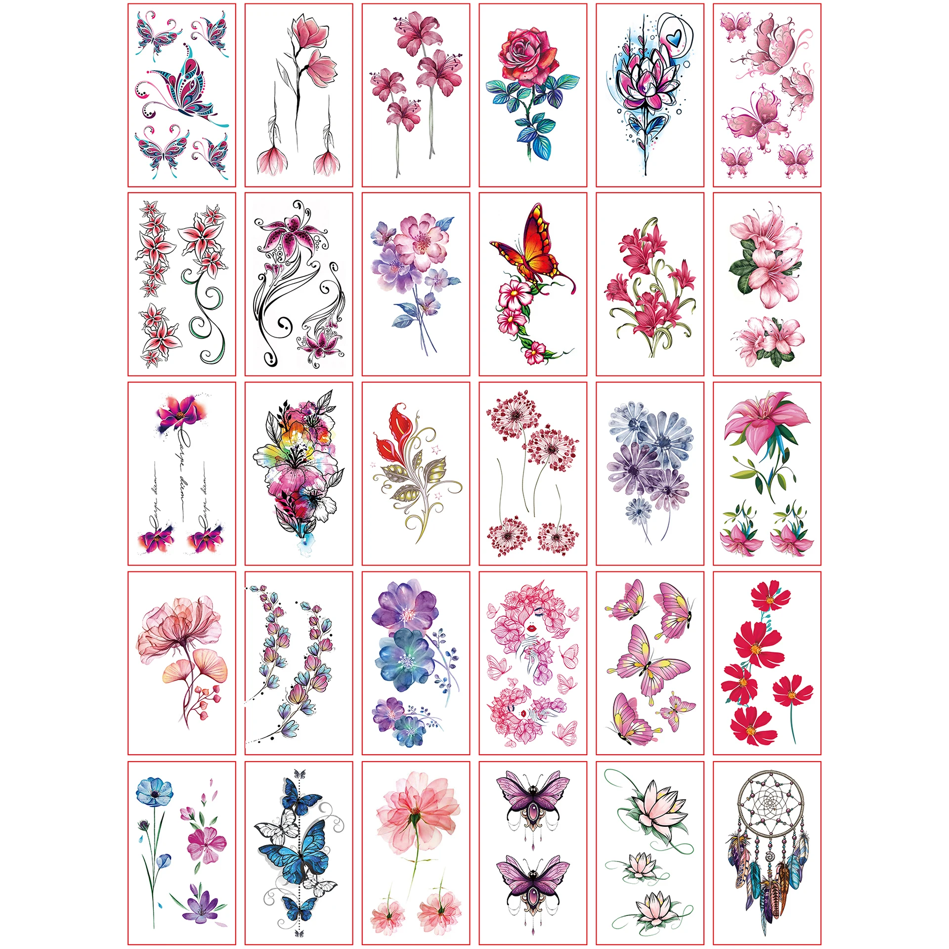 30Sheets Tattoo Stickers, Small Size Pretty Colorful Butterfly & Flower Pattern Temporary Tattoo For Women, Waterproof Lasting