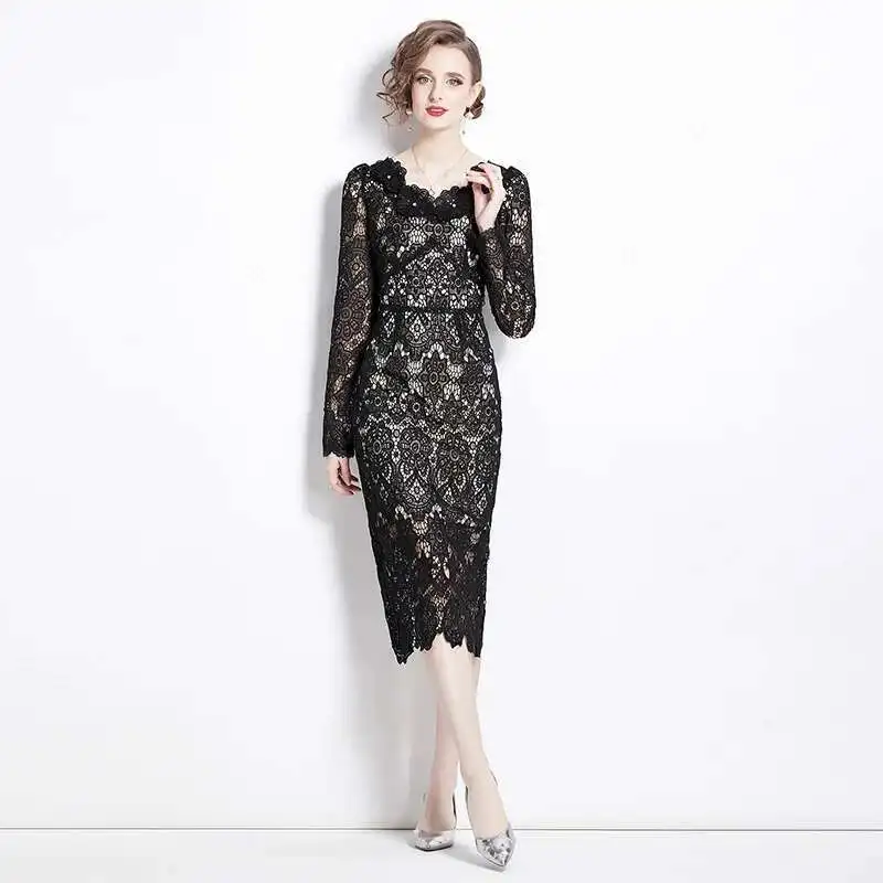 Summer Autumn Holiday 3D White Flower Embroidery Bridesmaid Wedding Dress Women Sheath Prom Evening Pencil Midi Dresses Black
