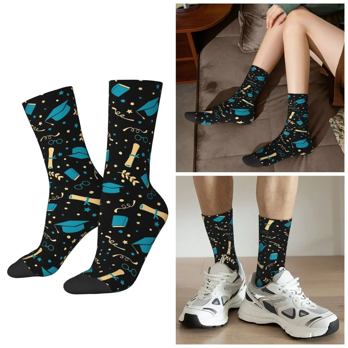 All Seasons Graduation Theme Element Pattern Socks Harajuku Crew Socks Fashion Stockings for Men Women Valentine's Day Gifts