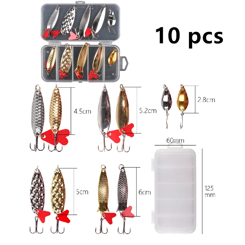 

10Pcs Fishing Metal Spoon Lure Kit Set Gold Silver Baits Sequins Spinner Lures with Box Treble Hooks Fishing Tackle Gear
