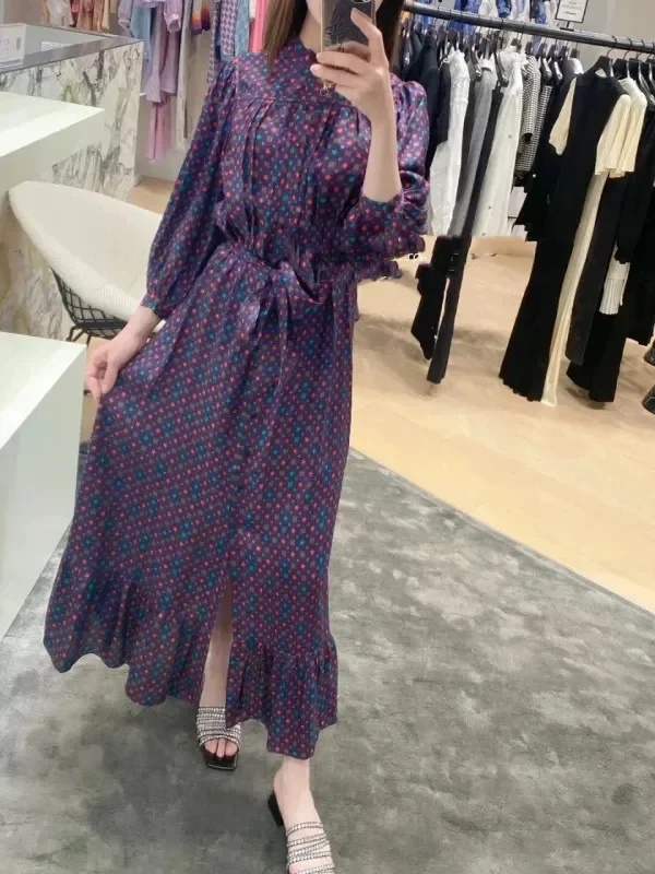 

Women Stars Print Midi Dress Waist Lace-up Round Neck Long Sleeve Single Breasted Vintage Spring 2024 Robe