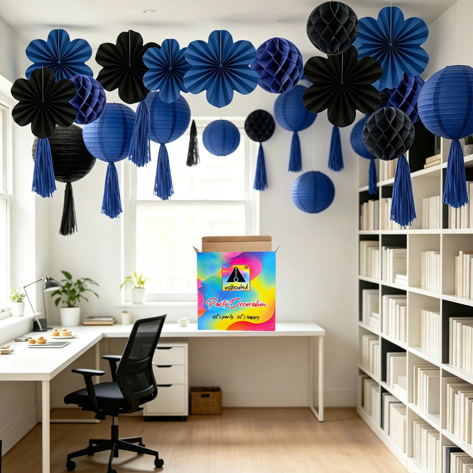 56PCS Blue Black Paper Honeycomb Flower Fan Tassels Lantern Set for Father's Day 4th of July Halloween Birthday Wedding Decor