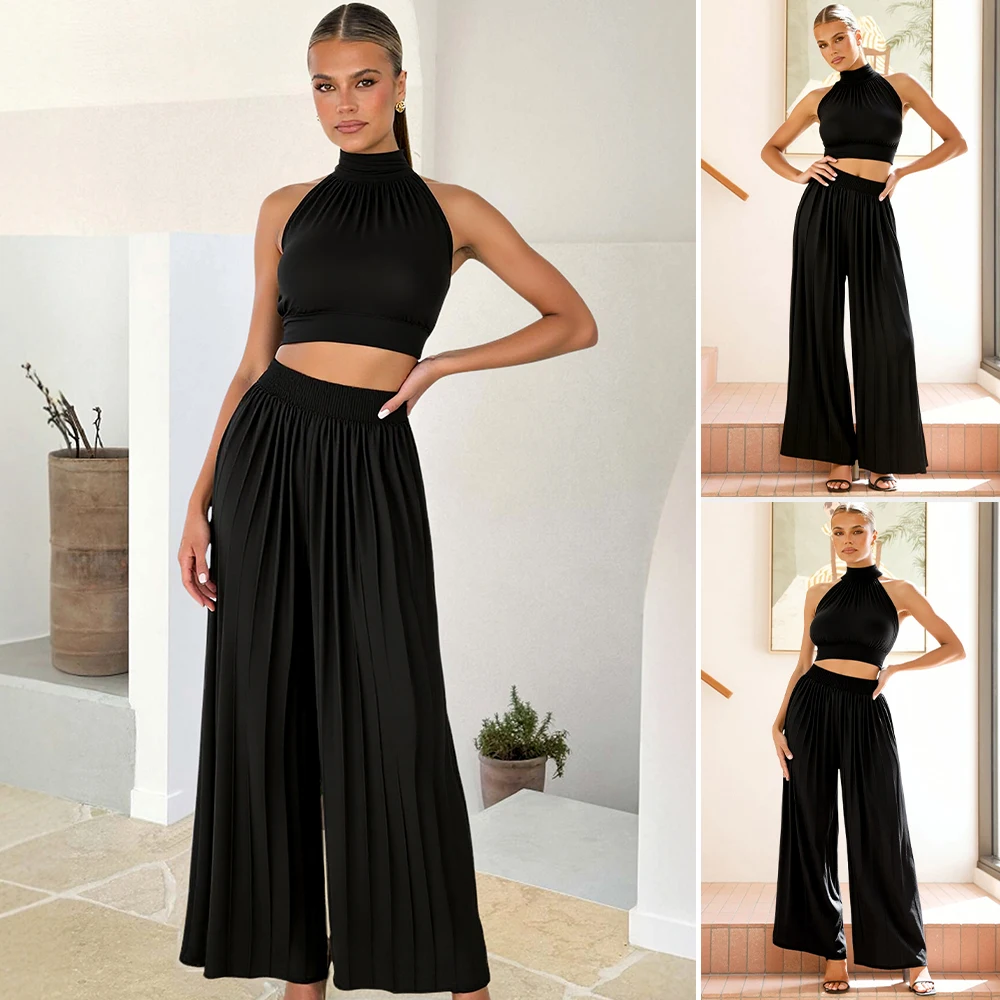 

Mia Muse Boutique Летние удобные комплекты Однотонные майки без рукавов с круглым вырезом Полная длина с высокой талией и широкими штанинами Повседневные комплекты для женщин