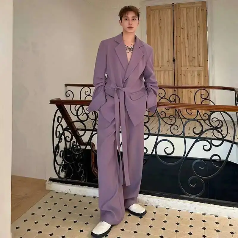 Korean Style Suit Sets Sleeve Design Lace Up Lapel Solid Color Loose Blazer Wide Leg Straight Male Pants Personalized VF56
