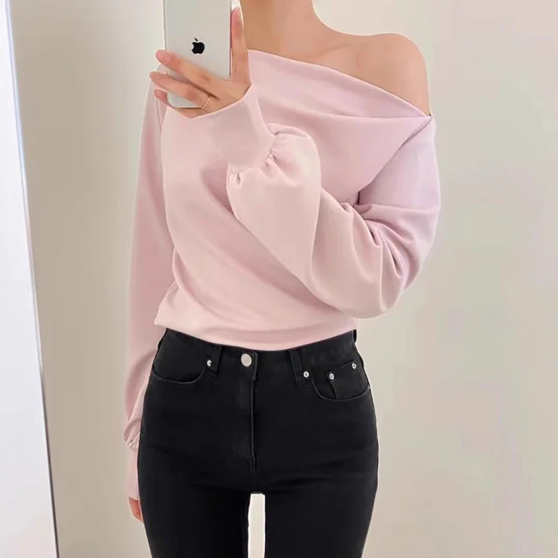 Neploe Korean Chic Autumn Niche Style Slash Neck Top Sloping Shoulder Design Exposed Collarbone Loose Versatile Slim T-Shirt