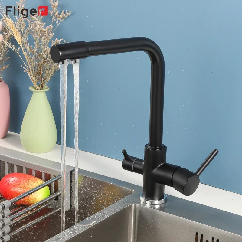 Fliger Filter Kitchen Faucets Black Kitchen Sink Faucets Brass 360 Rotation With Water Purification Features Mixer Tap Torneira