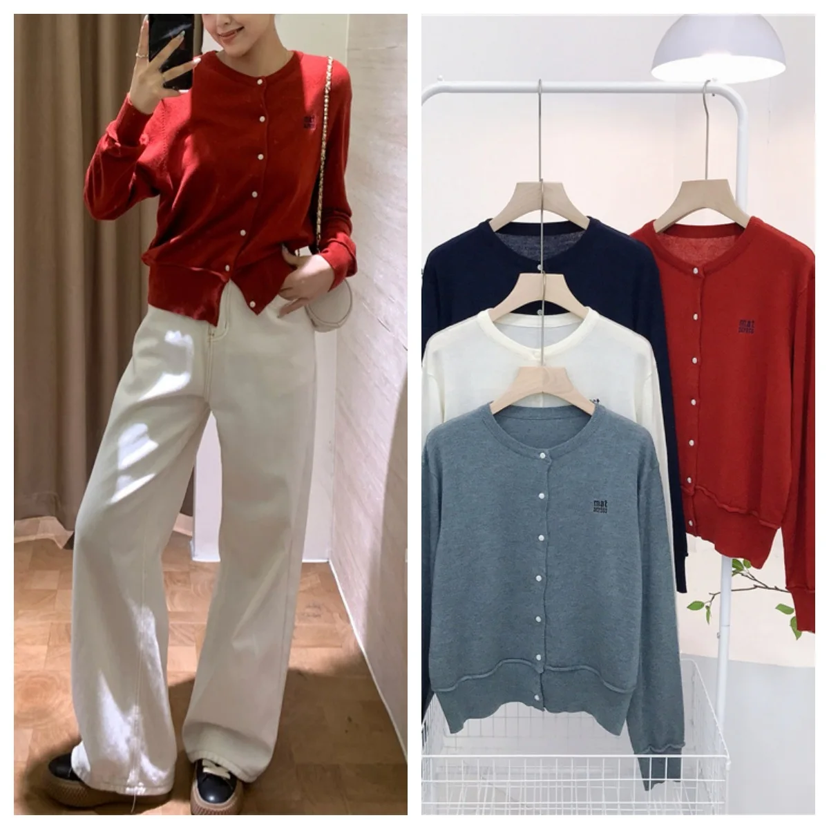 8212 Cárdigan bordado con letras blancas otoño nuevo estilo coreano mezcla de lana fresca cuello redondo botón cintura Top