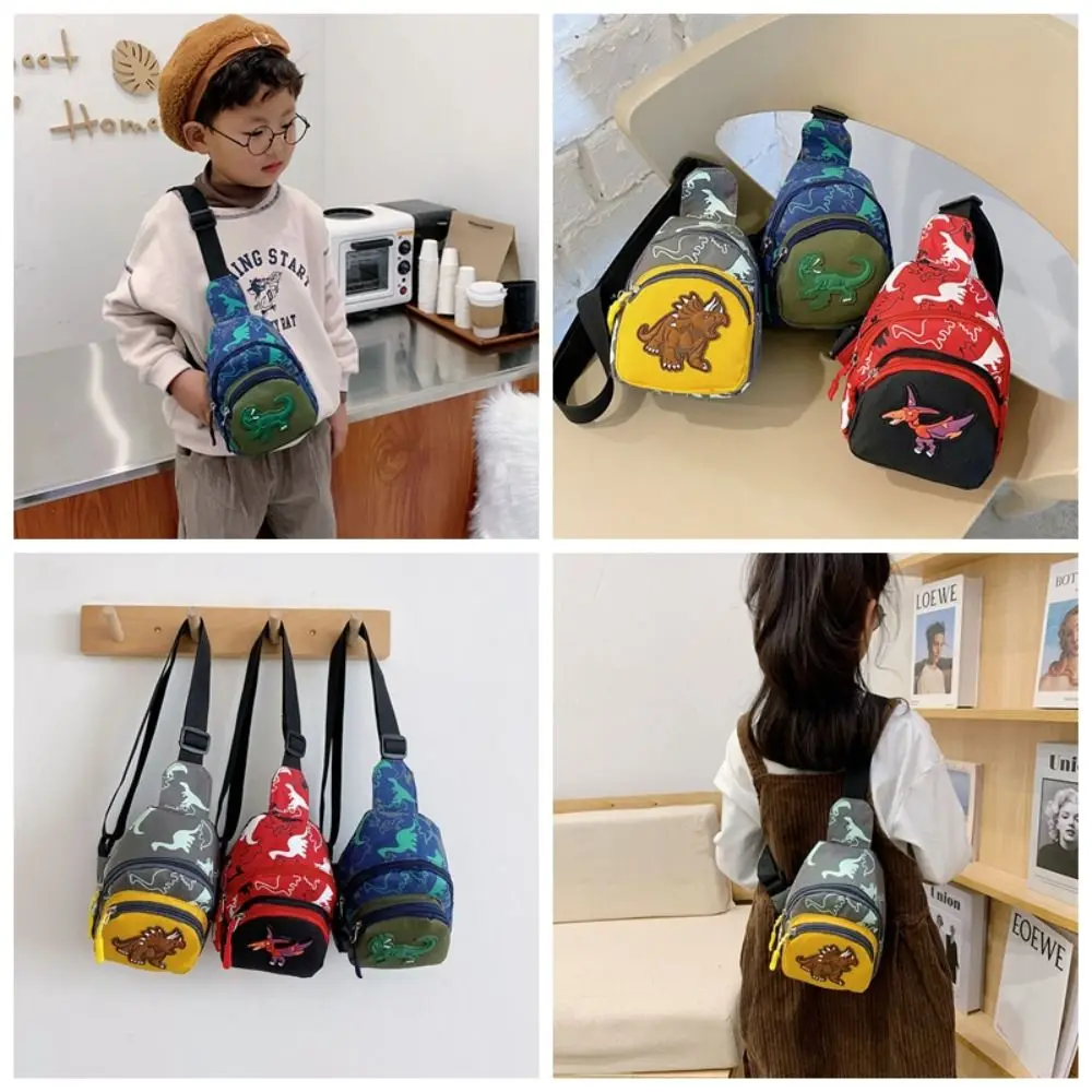 Bolso de pecho de gran capacidad para niños, correa ajustable, tela cómoda, dinosaurio, múltiples bolsillos, lona