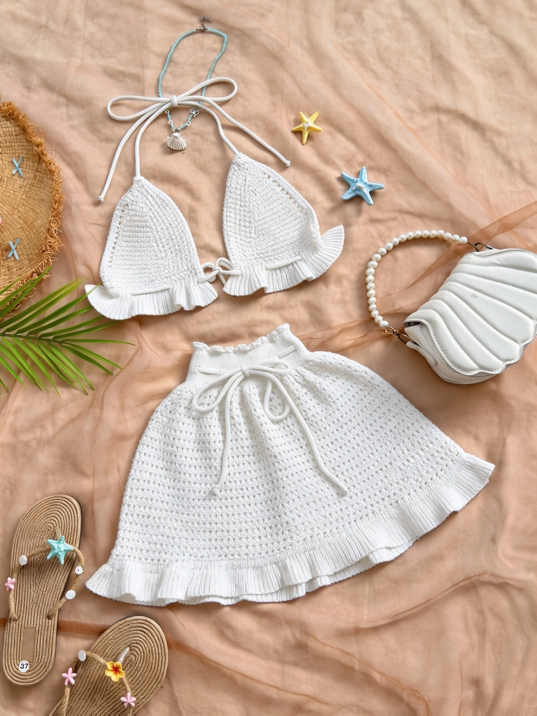 

MOXDO Short Skirt Set, Two-Piece Set, Tunic, Beach Vacation Style, Casual Knit, Openwork Crochet, Poolside and Beach