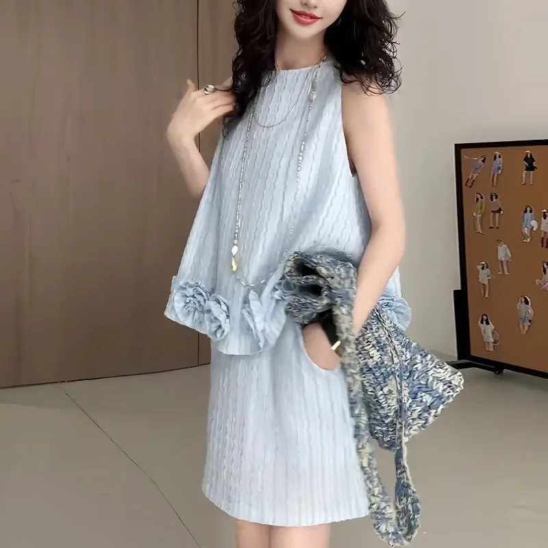 Nuevo conjunto de dos piezas de moda de verano para mujer, chaleco informal sin mangas con flores 3D, Top + minifalda de cintura alta, traje de fiesta elegante