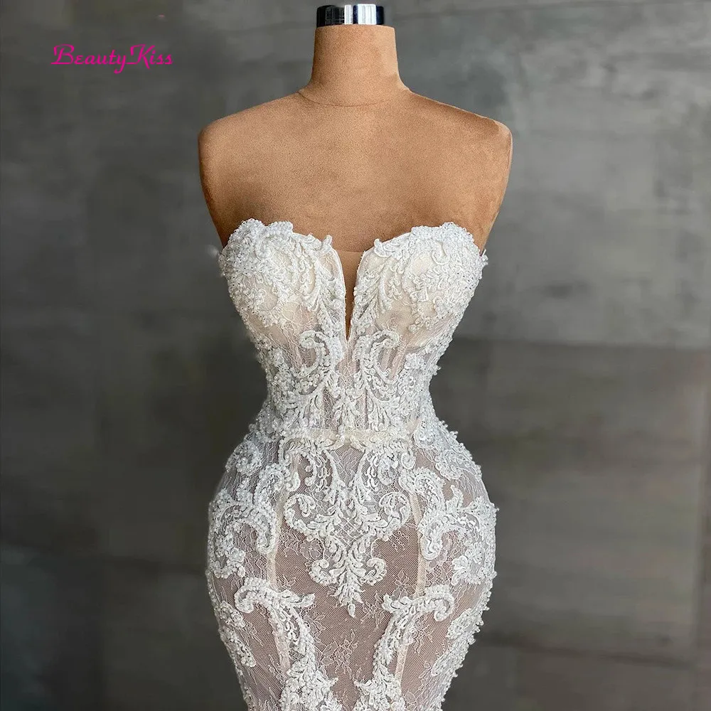 Sereia renda vestido de casamento cristais de luxo frisado vestido de noiva querida sem alças sem mangas apliques vestidos de casamento para noiva