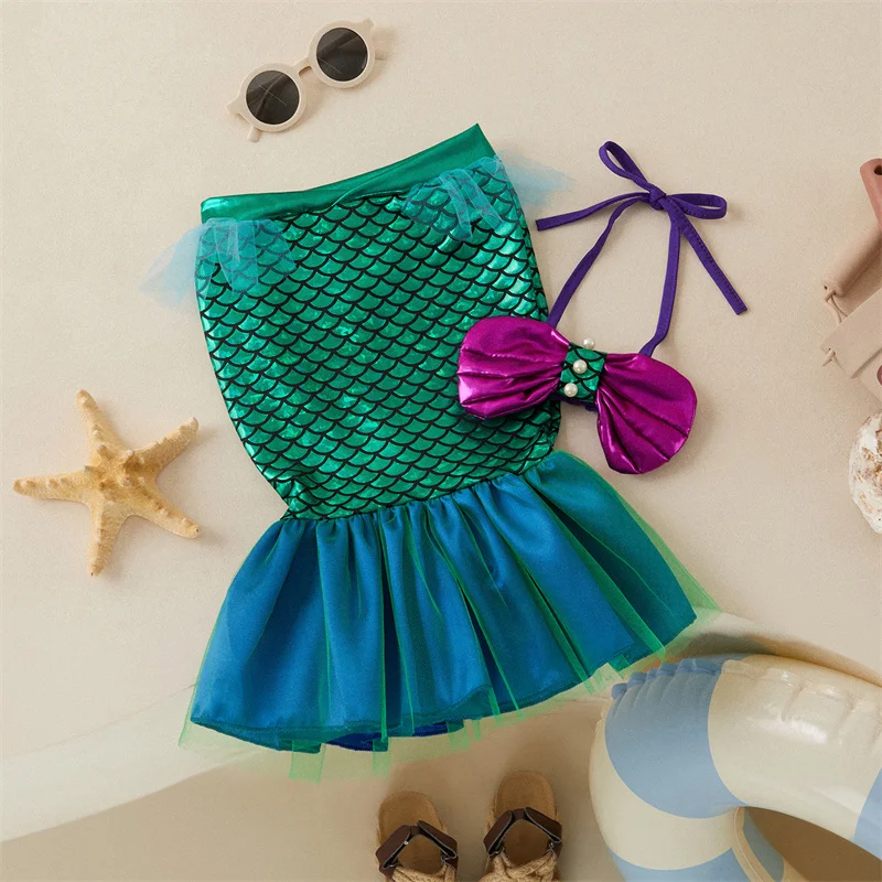 Tregren 0-3 Years Toddler Baby Girls Swimsuit Cute Shell Pearl Halter Bikini Tops Tulle Patchwork Mermaid Tail 2Pcs Swimwear