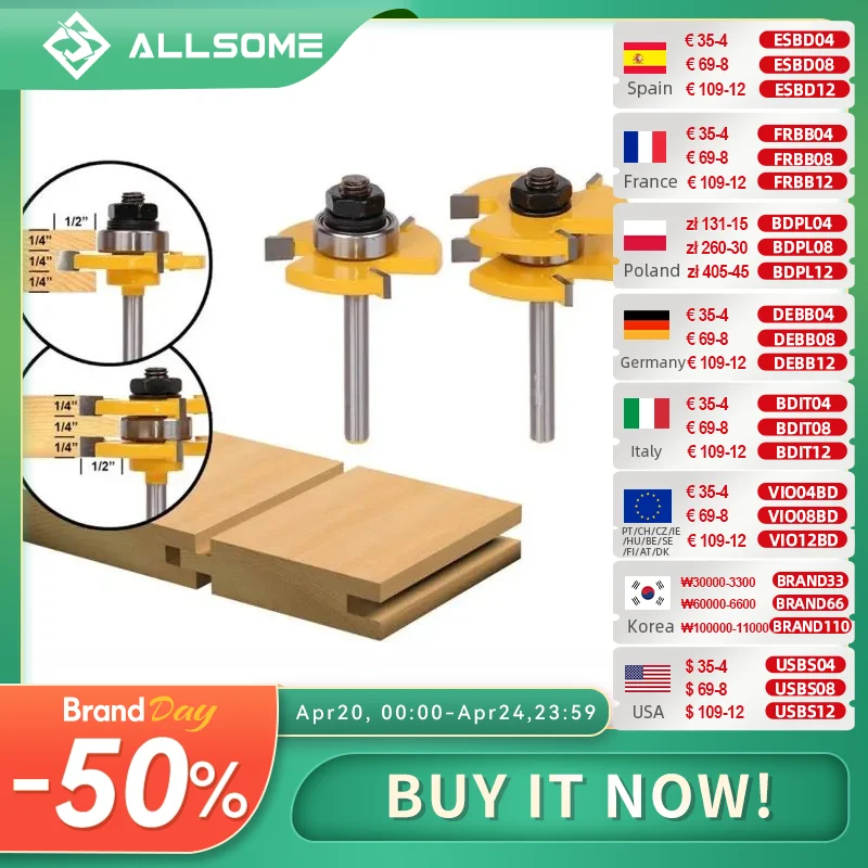 

Набор фрез ALLSOME, Т-образная насадка 3/4 дюйма, хвостовик 1/4 дюйма, 2 шт.